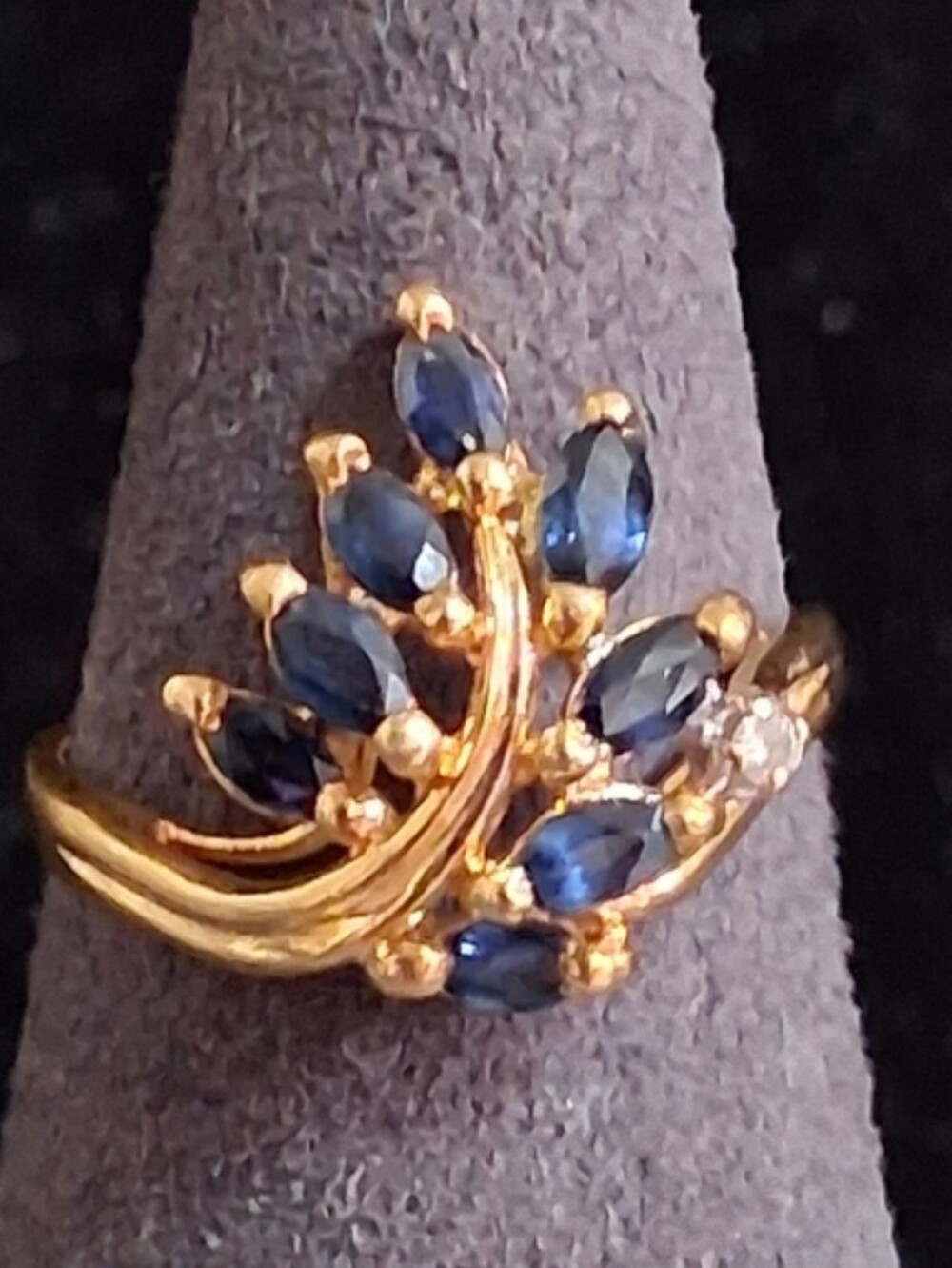 Solid 14K Yellow Gold Band Ring Minimalist Plain Stacking Blue Floral Cluster
